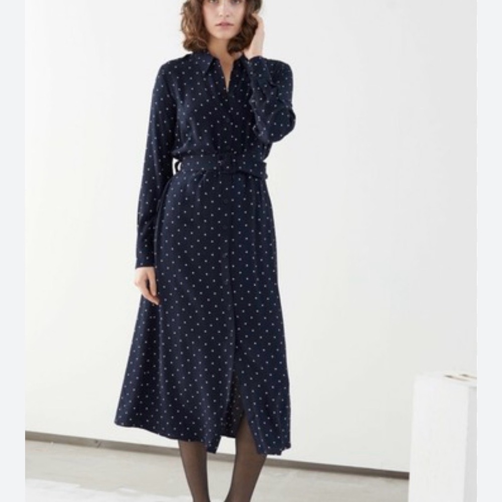 & Other Stories Navy White Polka Dot MIDI Shirt Dress Women’s 10 Button Front